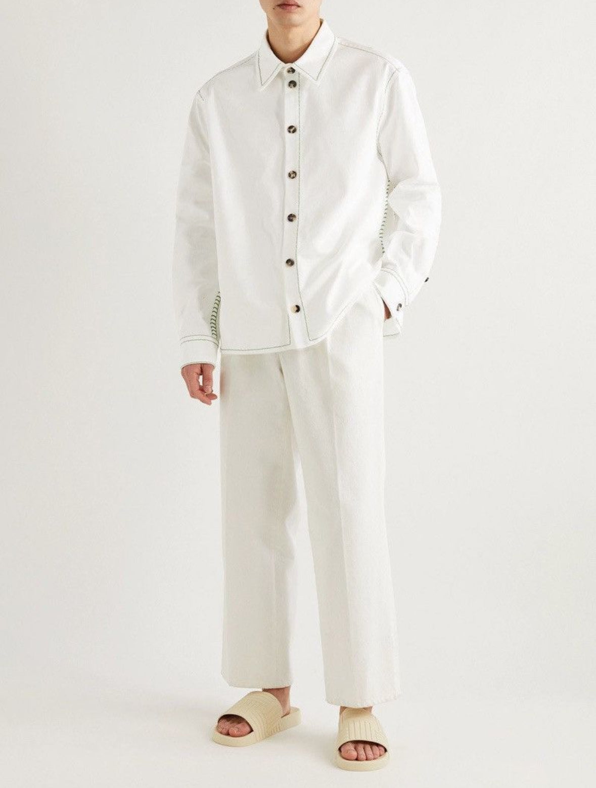 Bottega Veneta White / Green Contrast Stitching Shirt