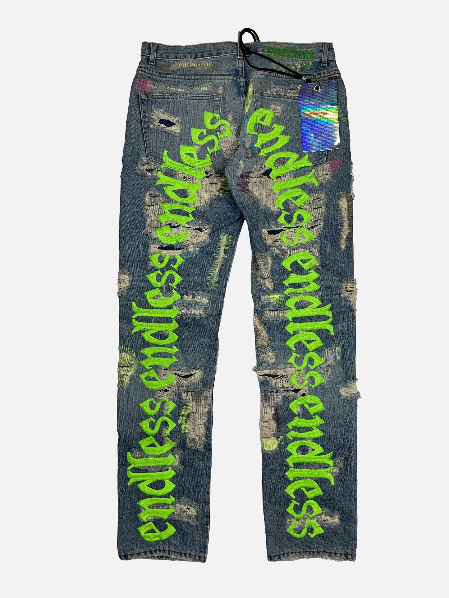 Endless Green Distressed Light Wash Denim